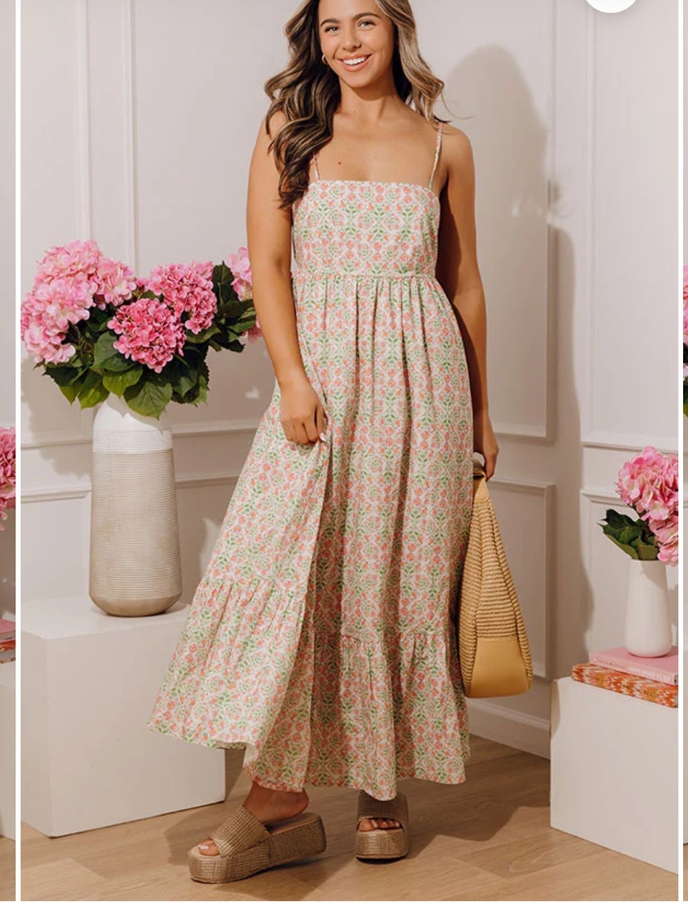In February Pink & Green Floral Midi Dress with Spaghetti Straps & Pockets